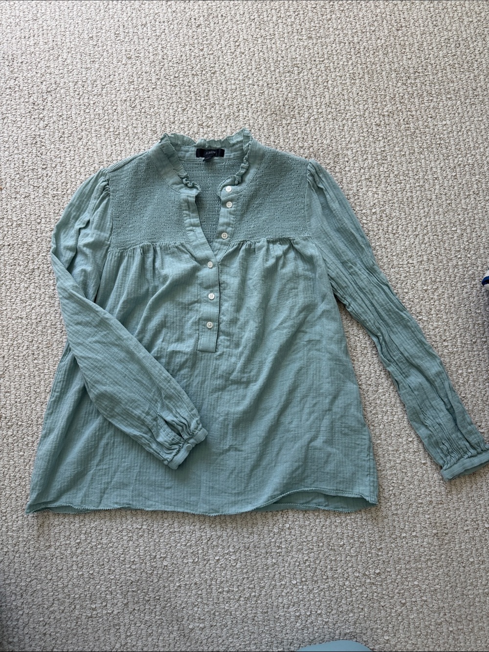 J. Crew Sage Green Ruffled Henley Long-Sleeve Top